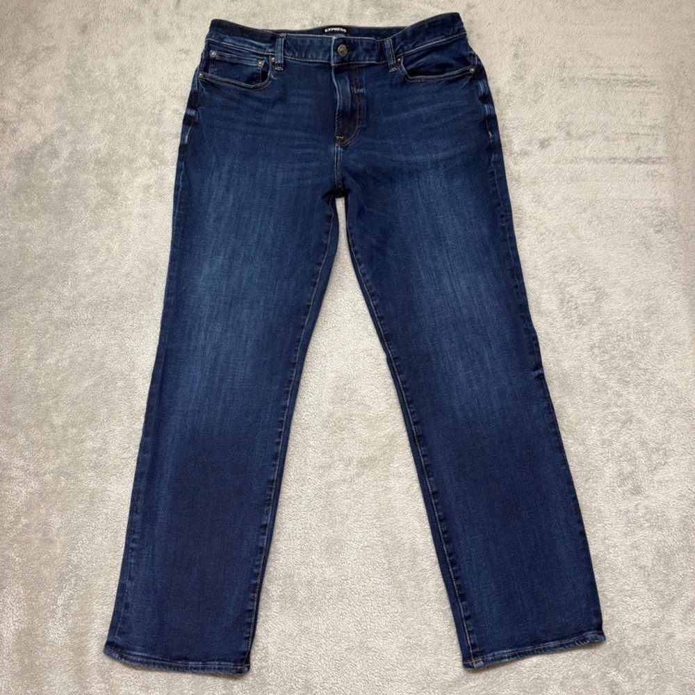 Express Jeans Mens 36X32 Blue Bootcut 4 Way Hyper Stretch Dark Wash Denim